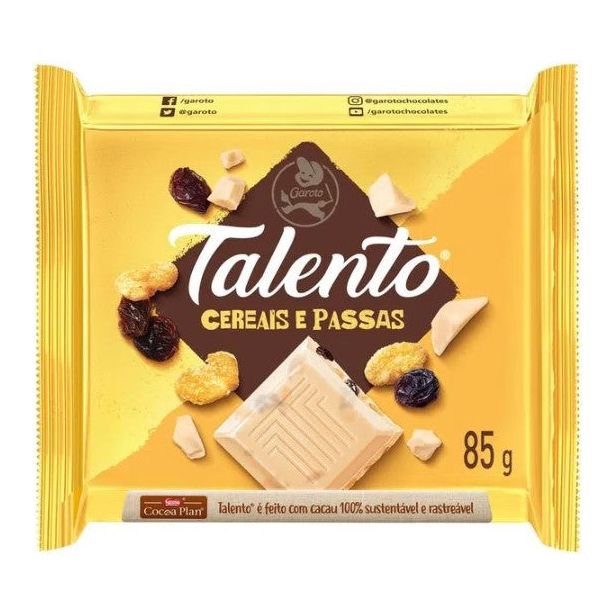 Chocolate Talento Chocolate Branco Cereais e Passas 85g